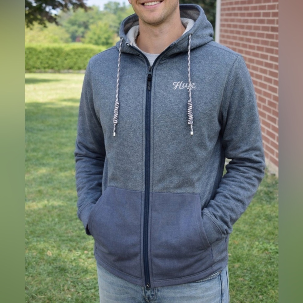 Huk Track Hoodie Slate Blue Thumbholes Drawstring Unisex Size Small